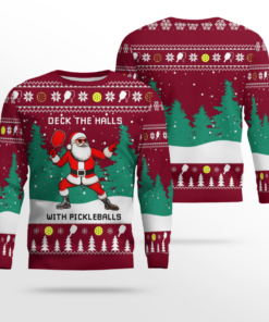 Funny Deck The Hall Pickleball Santa Ugly Christmas Sweater Burgundy