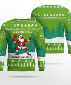 Funny Deck The Hall Pickleball Santa Ugly Christmas Sweater Chartreuse