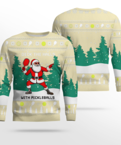 Funny Deck The Hall Pickleball Santa Ugly Christmas Sweater Cream
