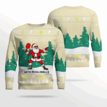 Funny Deck The Hall Pickleball Santa Ugly Christmas Sweater Cream