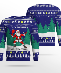 Funny Deck The Hall Pickleball Santa Ugly Christmas Sweater Midnight Blue