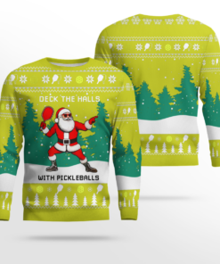 Funny Deck The Hall Pickleball Santa Ugly Christmas Sweater Yellow