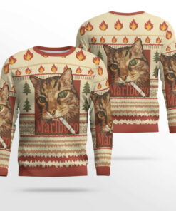 Funny Smoking Cat Meme Marlboro Christmas Ugly Sweater 2025