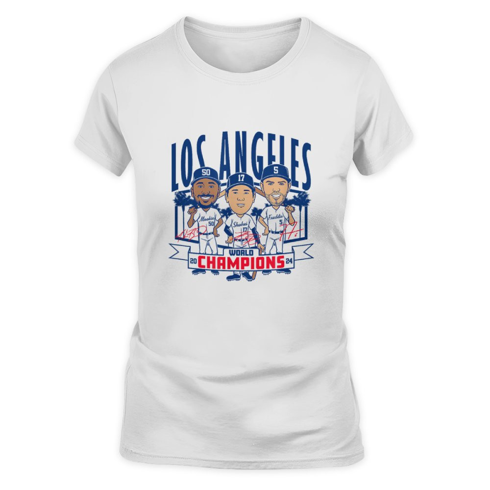 Los Angeles Baseball Back-to-Back World Champs Caricatures T-Shirt Los Angeles Baseball Back-to-Back World Champs Caricatures T-Shirt