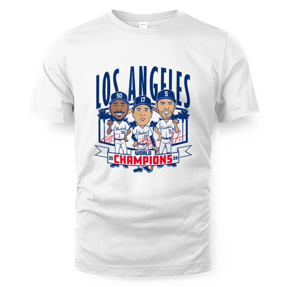 Los Angeles Baseball Back-to-Back World Champs Caricatures T-Shirt Los Angeles Baseball Back-to-Back World Champs Caricatures T-Shirt