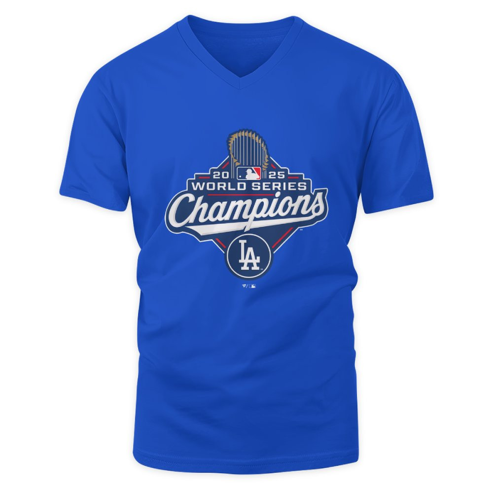 Los Angeles Dodgers Deep Royal 2025 World Series Champions Logo V-neck T-Shirt Mockup Los Angeles Dodgers Deep Royal 2025 World Series Champions Logo T-Shirt