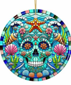 Oceanic Oasis Sugar Skull Stained Glass Style Ornament
