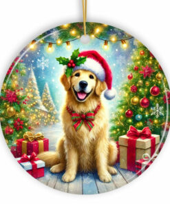 Majestic Golden Retriever with Santa Hat Ornament, Delightful Christmas Gift and Décor