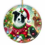 Playful Border Collie with Santa Hat Ornament, Festive Canine Christmas Décor