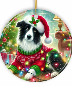 Playful Border Collie with Santa Hat Ornament, Festive Canine Christmas Décor