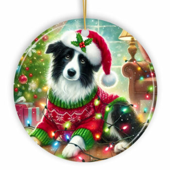 Playful Border Collie with Santa Hat Ornament, Festive Canine Christmas Décor