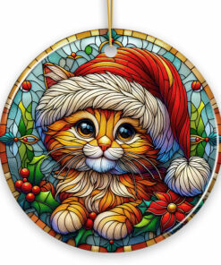 Adorable Cat in Santa Hat Stained Glass Style Ceramic Ornament, Christmas Gift and Décor