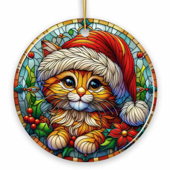 Adorable Cat in Santa Hat Stained Glass Style Ceramic Ornament, Christmas Gift and Décor
