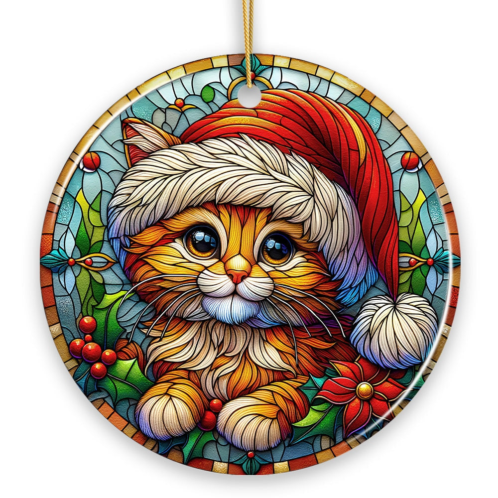 WBM Adorable Cat in Santa Hat Stained Glass Style Ceramic Ornament Christmas Gift and Decor Circle