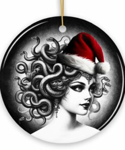Bewitching Medusa with Santa Hat Ornament, Alluring Christmas Decoration for Halloween Tree Keepsake