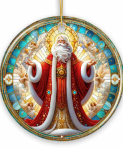 Majestic Holy Santa Stained Glass Themed Ceramic Ornament, Handcrafted Angelic Christmas Décor