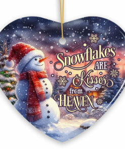 Snowflakes are Kisses from Heaven Quote Christmas Ornament, Snowman under the Twilight Sky Memorial Gift