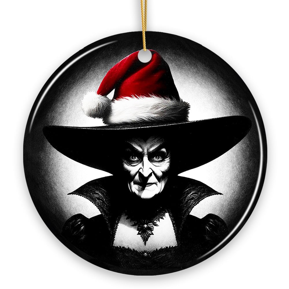 WBM Spooky Witch with Santa Hat Ceramic Ornament Halloween Themed Christmas Gift and Decor Circle