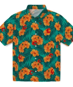 Calgary Flames Hawaiian Shirt - Hibiscus and Palm Leaves