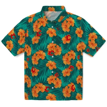 Calgary Flames Hawaiian Shirt - Hibiscus and Palm Leaves