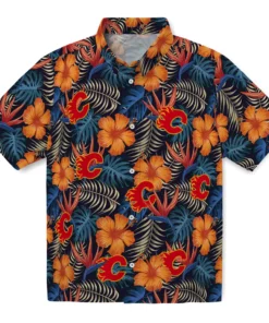 Calgary Flames Hawaiian Shirt - Hibiscus Foliage