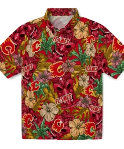 Calgary Flames Hawaiian Shirt - Hibiscus Tiki Jungle