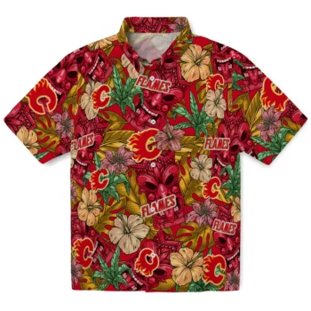 Calgary Flames Hawaiian Shirt - Hibiscus Tiki Jungle