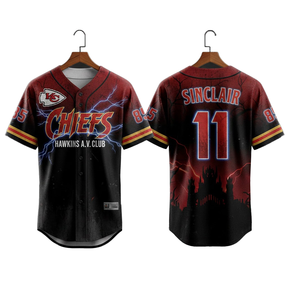 Kansas City Chiefs Stranger Things 5 Hawkins AV Club Baseball Jersey Kansas City Chiefs Stranger Things 5 Hawkins AV Club Baseball Jersey