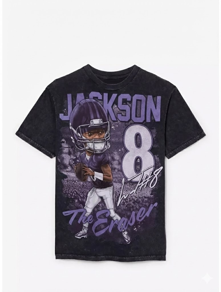 Baltimore Ravens Lamar Jackson Graphic Wash T-Shirt Baltimore Ravens Lamar Jackson Graphic Wash T-Shirt