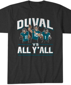 Jacksonville Jaguars Trevor Lawrence, Travis Etienne and Parker Washington Duval vs. All Y'all T-Shirt