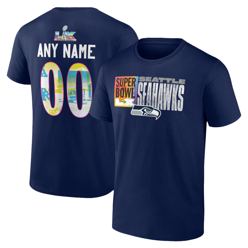 Seattle Seahawks College Navy Super Bowl LX Custom Name & Number T-Shirt Seattle Seahawks College Navy Super Bowl LX Custom Name & Number T-Shirt