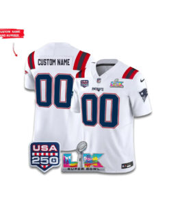 Custom Name and Number New England Patriots Super Bowl LX USA 250Th White Football Jersey