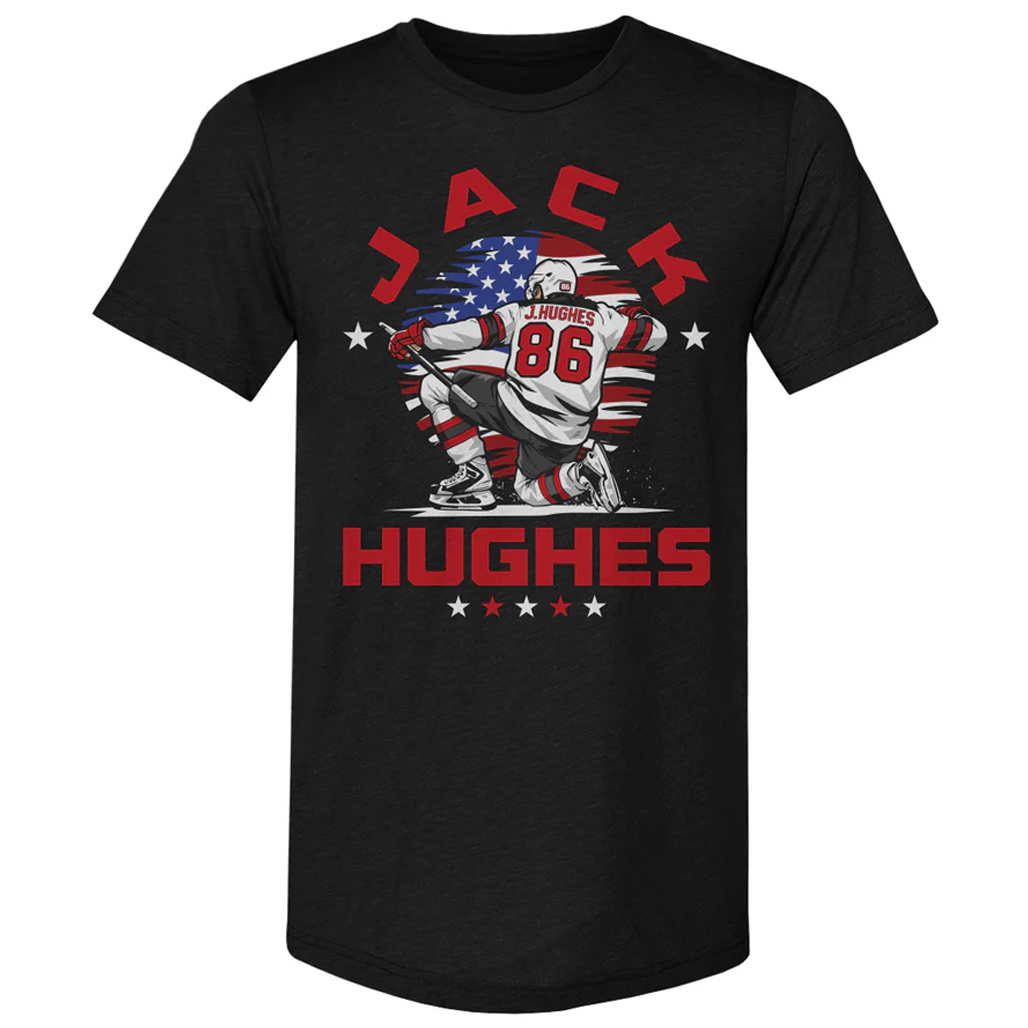 Jack-Hughes-USA-Flag-Celebration-T-Shirt.jpg Jack Hughes USA Flag Celebration T-Shirt