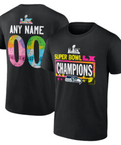 Seattle Seahawks Black Super Bowl LX Champions Custom Name & Number T-Shirt