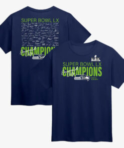 Seattle Seahawks College Navy Super Bowl LX Champions Signing Roster T-Shirt