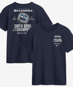Seattle Seahawks Navy Two-Time Super Bowl Champions Downtown Ring Club T-Shirt