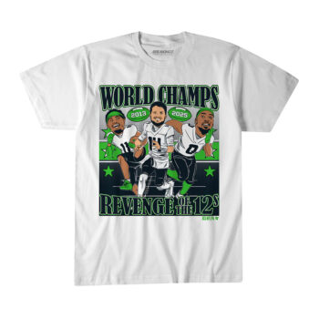 Seattle Seahawks Sam Darnold, Jaxon Smith-Njigba, & DeMarcus Lawrence World Champions Caricatures T-Shirt