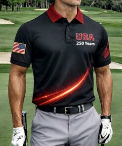USA 250 Years Patriotic Golf Polo Shirt American Flag Independence Apparel 4th of July Gift