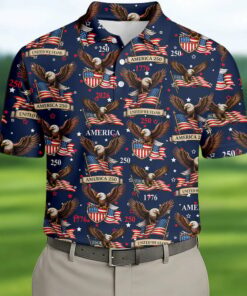 America 250 American Flag Badge Eagle Polo Shirt Patriotic Golf Apparel for Men