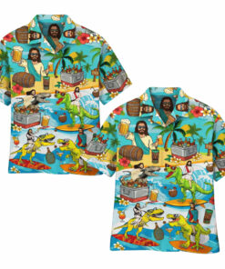 Funny Jesus Riding Dinosaurs Hawaiian Shirt