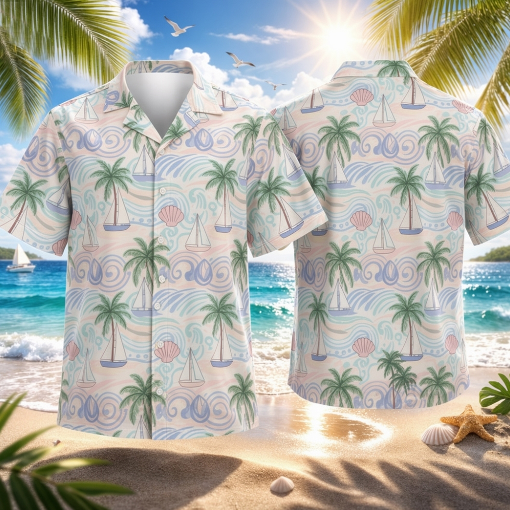 Tropical-Beach-Sailboat-Summer-Hawaiian-Shirt.jpg Tropical Beach Sailboat Summer Hawaiian Shirt