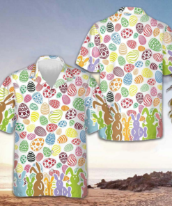 Colorful Rabbits And Easter Eggs Seamless Pattern Hawaiian Shirt Funny Easter Shirt For Men