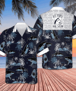 Bite People Hail Satan Shark Hawaiian Shirt Tropical Button Up Shirt Gifts For Male