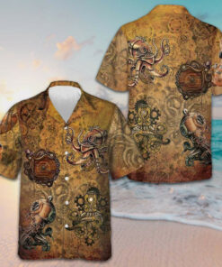 Steampunk Octopus Hawaiian Shirt Men's Short Sleeve Button Up Beach Shirts Best Gifts