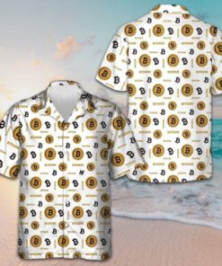 Bitcoin Seamless Pattern In White Background Hawaiian Shirt Short Sleeve Button Up Men