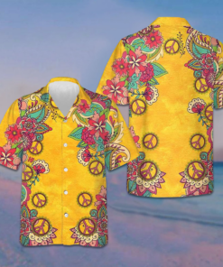 Yellow Hippie Peace Sign And Flowers Hawaiian Shirt Button Up Summer Shirts For Men