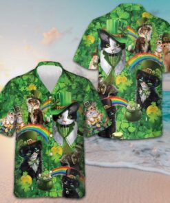 Cats Saint Patrick's Day Hawaiian Shirt Shamrock Button Down Shirt Gifts For Irish Cat Lovers