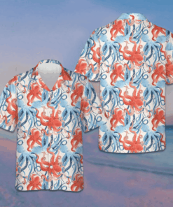 Blue And Red Octopus Seamless Pattern Hawaiian Shirt Funny Octopus Summer Button Up Shirts Men's