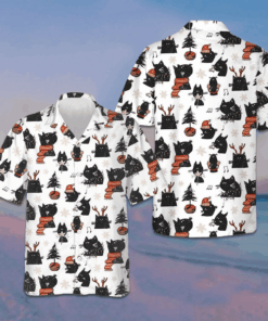 Cartoon Black Cat Merry Christmas Hawaiian Shirt Funny Xmas Cat Shirt Gifts For Cousin