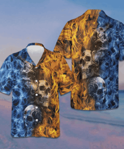 Gothic Skull Fire And Water Hawaiian Shirt Men's Button Up Gifts For Boyfriend